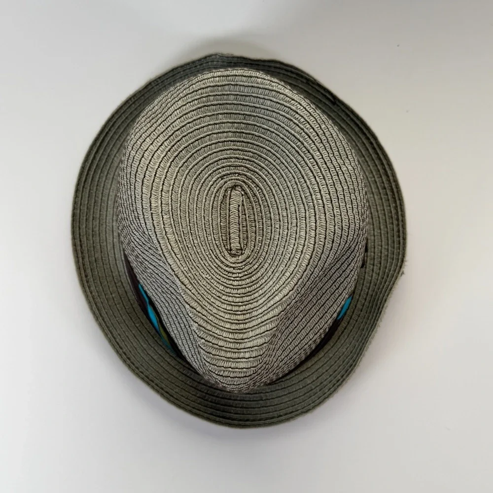 GOORIN BROS Tan Paper Straw Fedora Hat Adult Large Striped Ribbon‎ Brown Blue